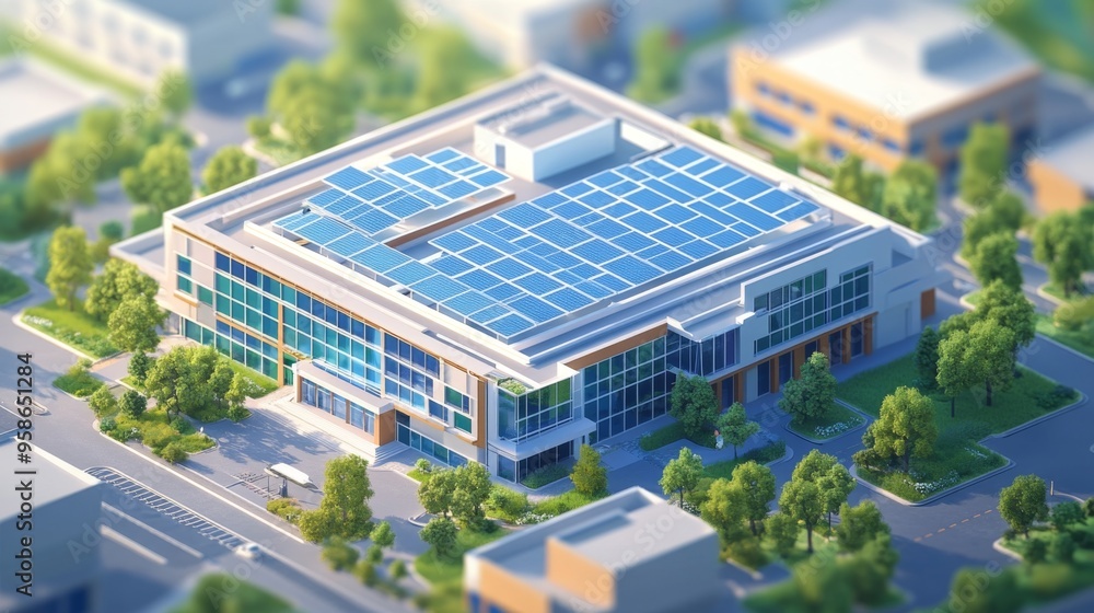Modern Building with Solar Panels and Green Landscaping Modern Building with Solar Panels and Green Landscaping