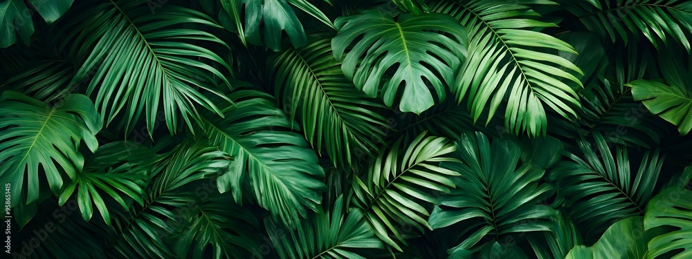 A background of dark green palm leaves with vibrant colors, creating an exotic and lush atmosphere A background of dark green palm leaves with vibrant colors, creating an exotic and lush atmosphere