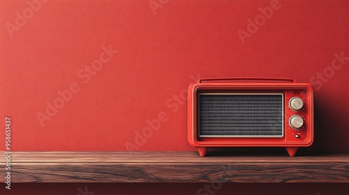 Red Vintage Radio on Wooden Shelf Against Red Wall