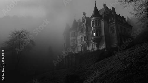 A Foreboding Stone Mansion Enveloped in Mist