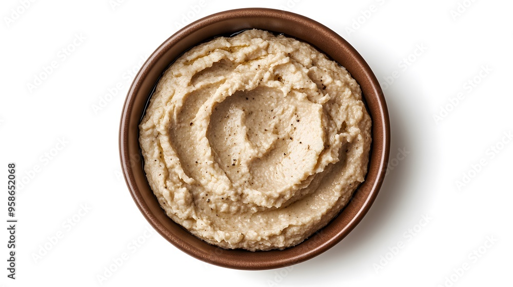 Creamy garlic hummus in a rustic bowl on a white background Creamy garlic hummus in a rustic bowl on a white background