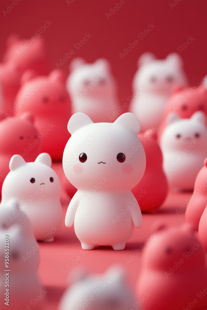 Adorable white character surrounded by cute red figures on a bright red background, showcasing charming and playful design elements. Adorable white character surrounded by cute red figures on a bright red background, showcasing charming and playful design elements.