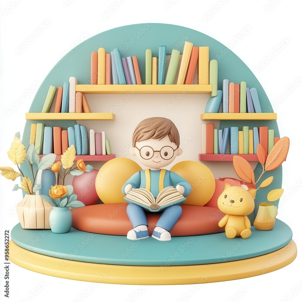Librarian organizing bookshelves, cozy reading area, cute clay 3D illustration, in clipart style, sharp focus, on 100% white background Librarian organizing bookshelves, cozy reading area, cute clay 3D illustration, in clipart style, sharp focus, on 100% white background