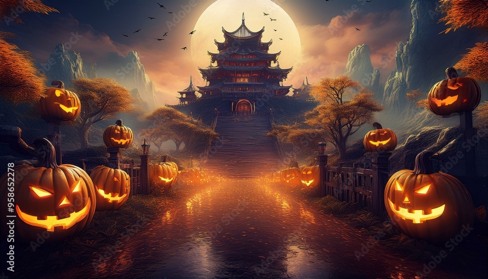 Obraz premium カボチャ、ハッピーハロウィン、トリックオアトリート、お城、夜のお祭り12