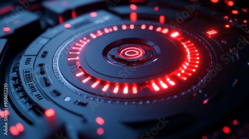 Futuristic interface featuring a glowing red circular design with intricate details and vibrant lights, perfect for tech-themed projects.