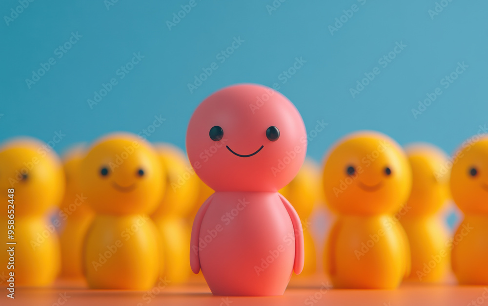 A vibrant of a red smiling toy figure standing out among yellow figures against a blue background, representing uniqueness and individuality. A vibrant of a red smiling toy figure standing out among yellow figures against a blue background, representing uniqueness and individuality.