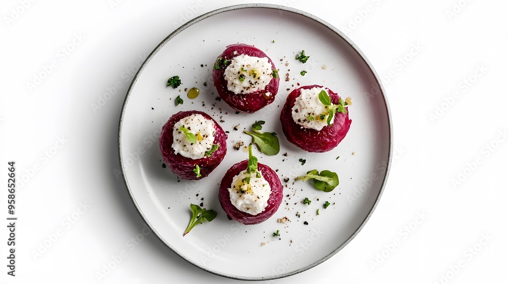 Gourmet appetizer with beetroot and cream cheese garnished with fresh herbs on white plate Gourmet appetizer with beetroot and cream cheese garnished with fresh herbs on white plate
