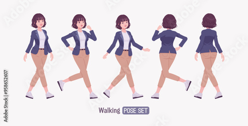 Effective good looking business young woman walking, going pose set. Female tutor, friendly girl manager, saleswoman helper, millennial employer in formal wear, corporate leader. Vector illustration