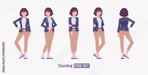 Effective good looking business young woman standing waiting pose set. Female tutor, friendly girl manager, saleswoman helper, millennial employer in formal wear, corporate leader. Vector illustration