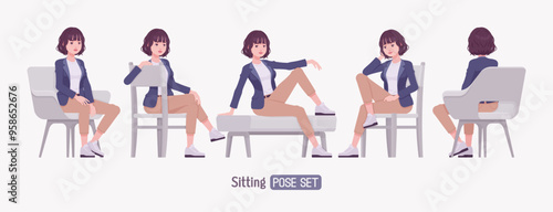 Effective good looking business young woman sitting rest pose set. Female tutor, friendly girl manager, saleswoman helper, millennial employer in formal wear, corporate leader. Vector illustration