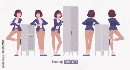 Effective good looking business young woman standing lean pose set. Female tutor, friendly girl manager, saleswoman helper, millennial employer in formal wear, corporate leader. Vector illustration