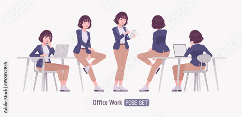 Effective good looking business young woman busy office work pose set. Female tutor, friendly girl manager, saleswoman helper, millennial employer in formal wear, corporate leader. Vector illustration