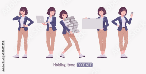 Effective good looking business young woman holding carrying pose set. Female tutor, friendly girl manager, saleswoman helper, millennial employer in formal wear, corporate leader. Vector illustration