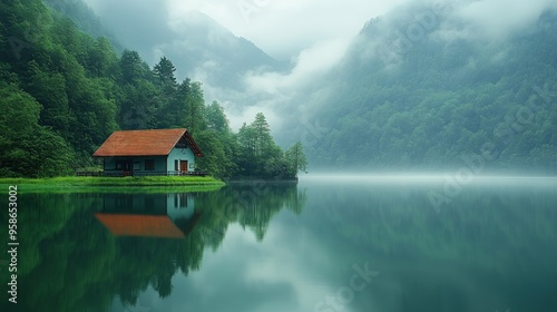 A small house with a red roof sits on the edge of a tranquil lake in the mountains. 