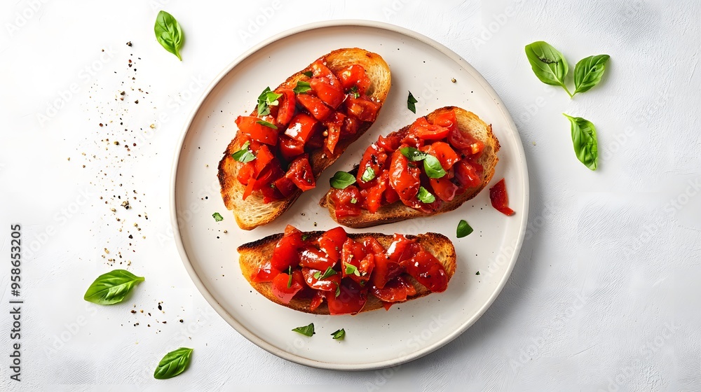 Fresh tomato bruschetta on a white plate with basil and pepper seasoning Fresh tomato bruschetta on a white plate with basil and pepper seasoning