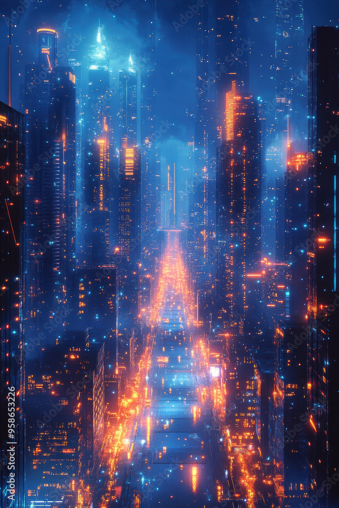 Fototapeta premium Futuristic cyberpunk cityscape at night with neon lights and towering skyscrapers. A vibrant, high-tech urban environment.