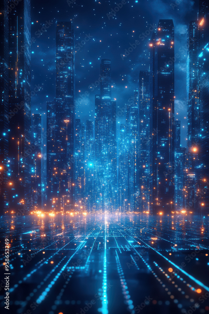 Fototapeta premium Futuristic cityscape with glowing lights and neon visuals, depicting a high-tech urban night scene with towering structures and digital elements.