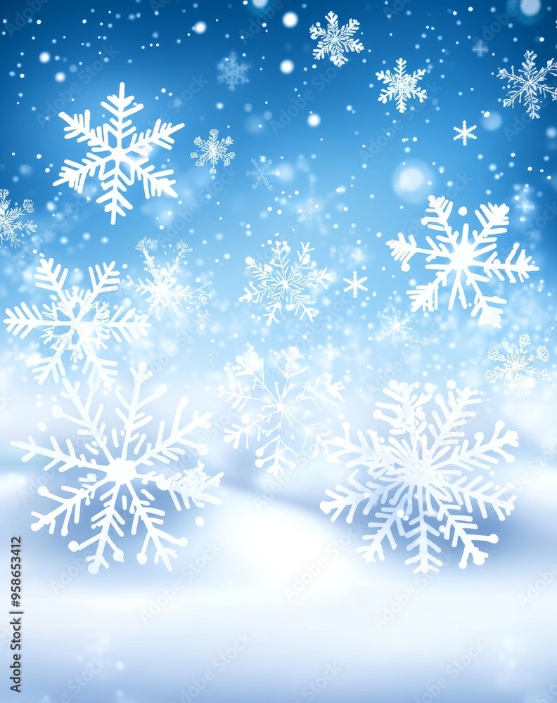 An image of snowflakes and stars on a snow-covered ground in the winter An image of snowflakes and stars on a snow-covered ground in the winter