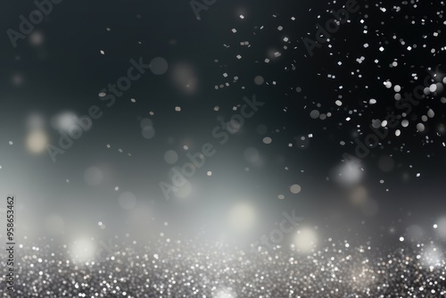 Silver banner dark bokeh particles glitter awards dust gradient abstract background. Futuristic glittering in space on silver background blank empty 