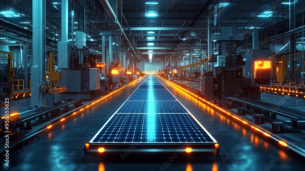 Obraz premium Solar Panel Assembly Line in Modern Factory