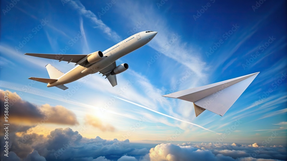 Fototapeta premium A close up shot of a paper plane gliding through the air with the silhouette of an airliner in the background against a blue sky, transportation, take off,paper plane, sky, flight
