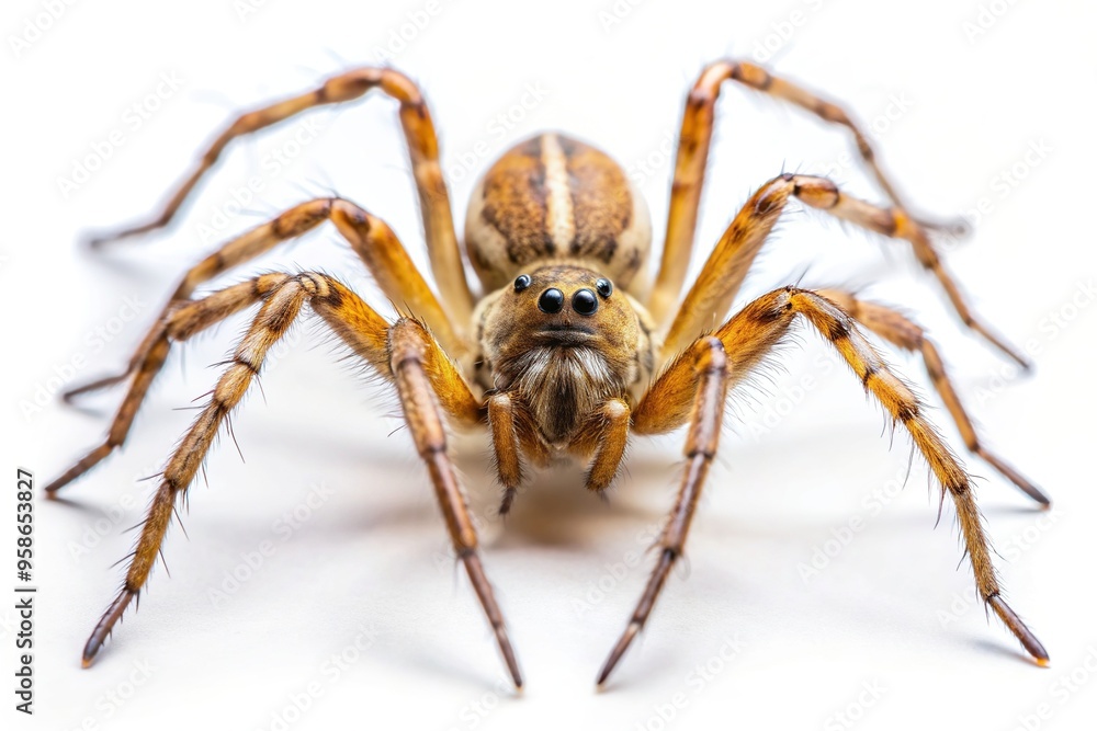 A close up shot of a spider Argyroneta aquatica isolated on a white background, macro, dark color, white background, wildlife, aquatic spider, eight legs, arthropod, nature,spider, animal A close up shot of a spider Argyroneta aquatica isolated on a white background, macro, dark color, white background, wildlife, aquatic spider, eight legs, arthropod, nature,spider, animal
