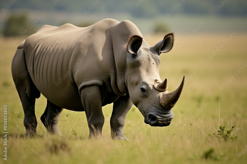 Obraz premium White Rhino Walking Through Grassland. Wild Life.