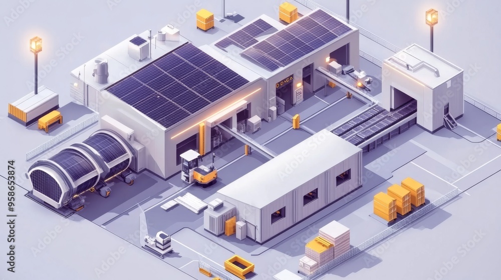 Isometric D Illustration of a Modern Factory with Solar Panels Isometric D Illustration of a Modern Factory with Solar Panels