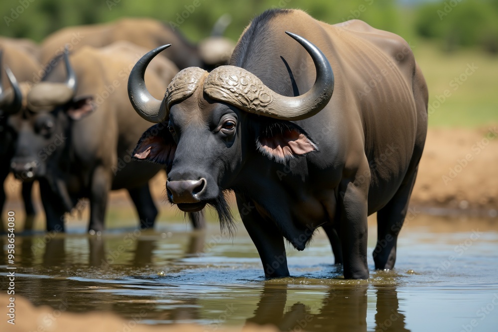 African Buffalo Drinking Water in a Shallow Pool. Wild Life. African Buffalo Drinking Water in a Shallow Pool. Wild Life.
