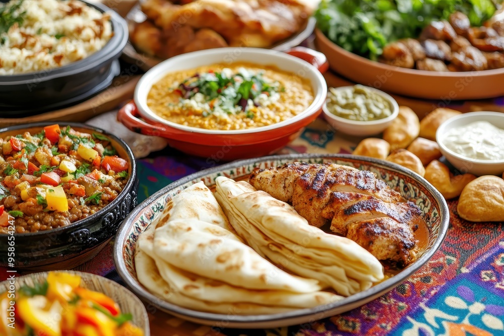 A vibrant spread of various delicious dishes served on colorful textiles. A vibrant spread of various delicious dishes served on colorful textiles.