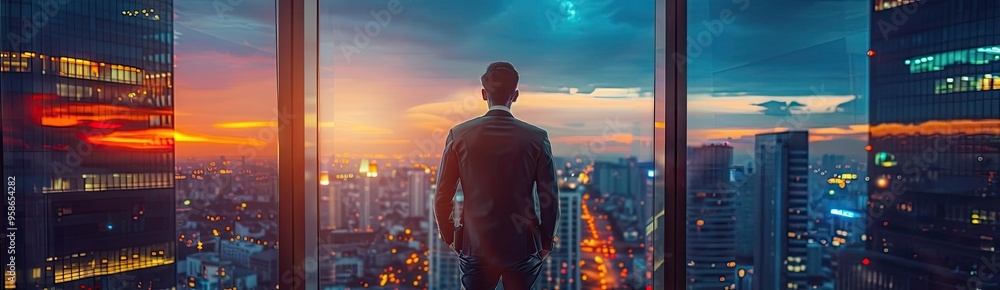 A businessman admires a stunning sunset view over a bustling city skyline from a high-rise office window. A businessman admires a stunning sunset view over a bustling city skyline from a high-rise office window.