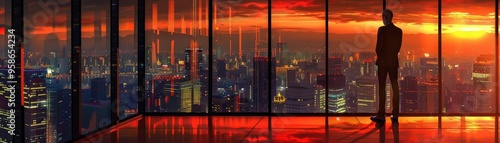 A silhouette of a man gazing at a vibrant sunset over the city skyline, showcasing urban beauty and contemplation.