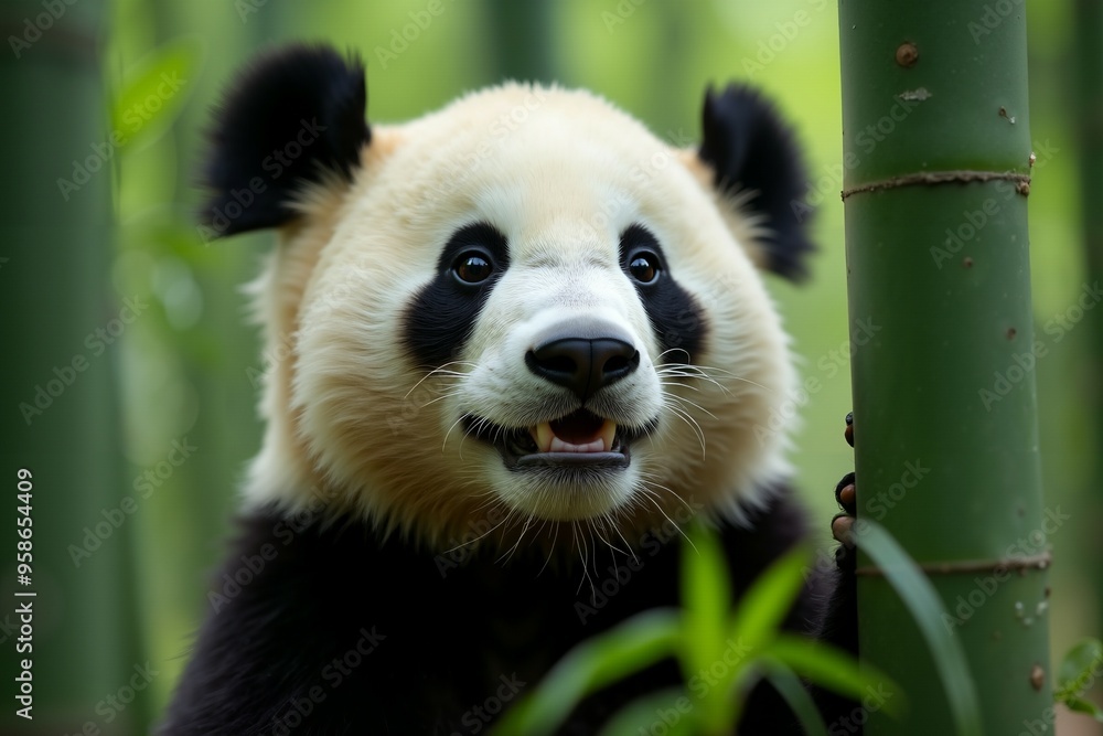 Fototapeta premium Cute Panda Bear Looking at the Camera in Bamboo Forest. Wild Life.