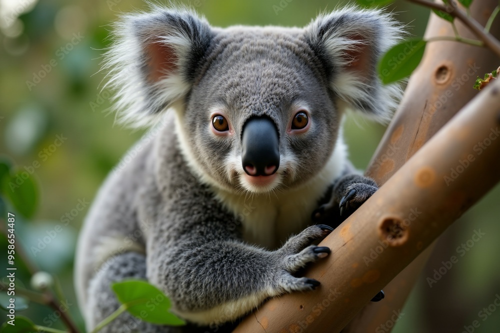 Naklejka premium Adorable Koala Bear Climbing a Tree in a Green Forest. Wild Life.