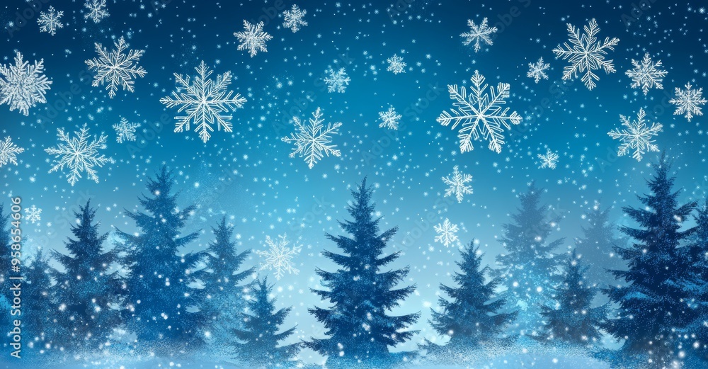 Copy space composition with snowflakes and christmas trees against the sky Copy space composition with snowflakes and christmas trees against the sky