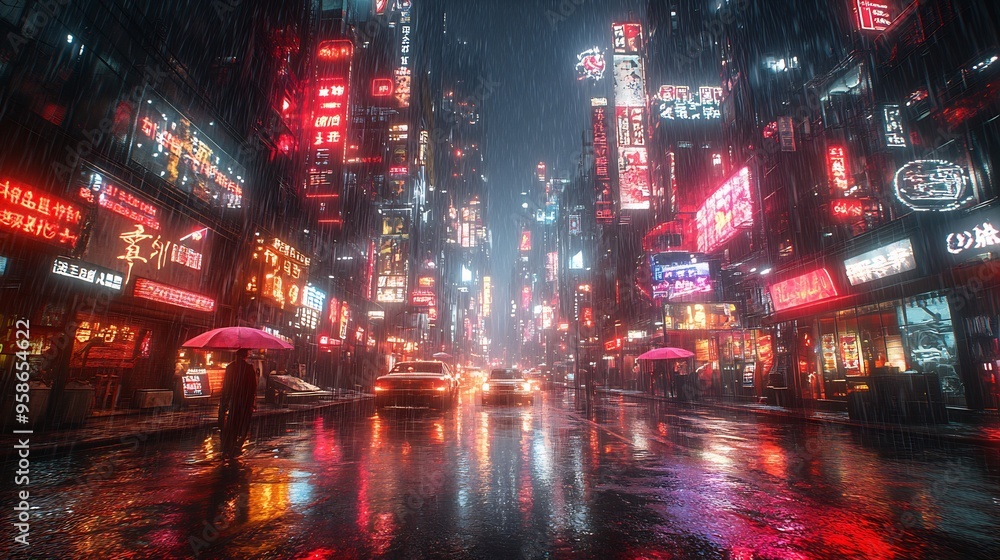 Cyberpunk street scene towering neonlit buildings and rain Cyberpunk street scene towering neonlit buildings and rain