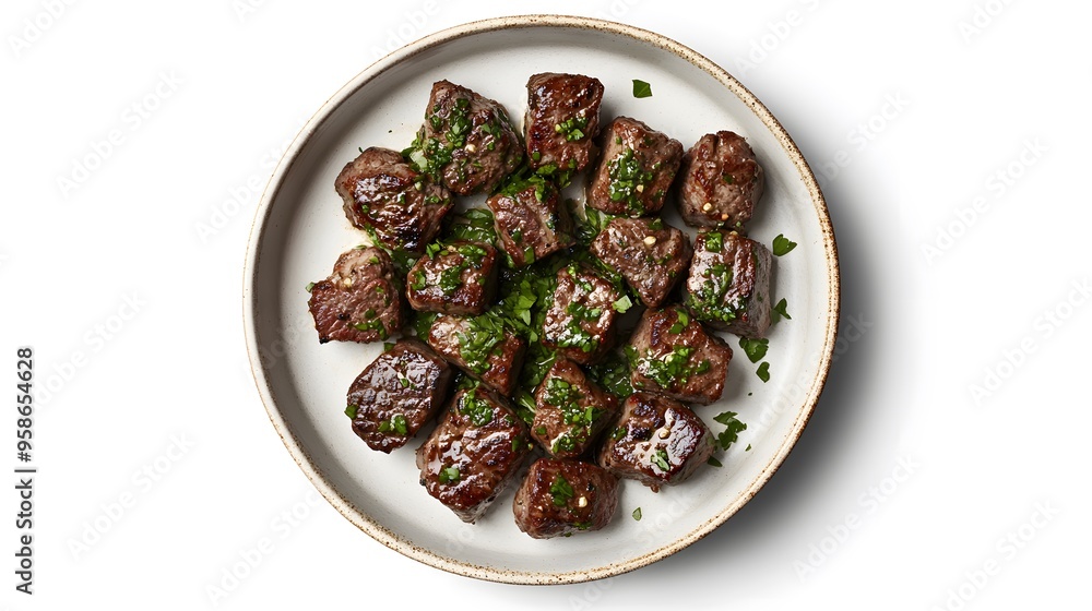 Succulent grilled steak bites served on a plate garnished with fresh herbs Succulent grilled steak bites served on a plate garnished with fresh herbs