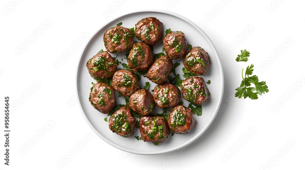 Delicious homemade meatballs garnished with fresh parsley on a white plate Delicious homemade meatballs garnished with fresh parsley on a white plate