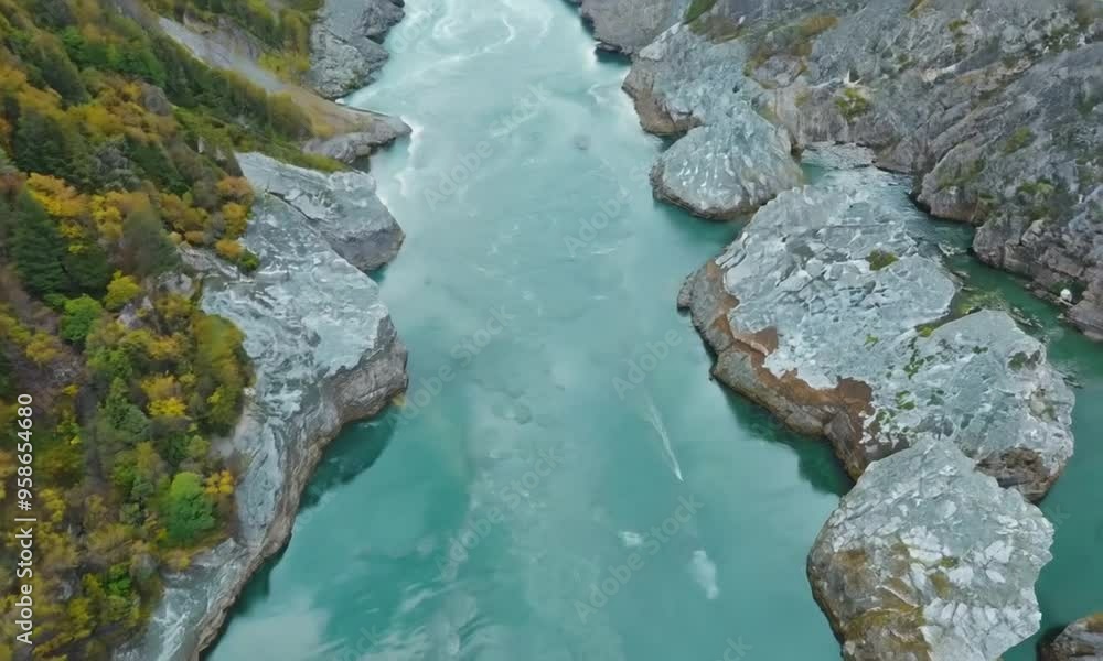 Aerial View of a Serene River Winding Through Mountainous Terrain