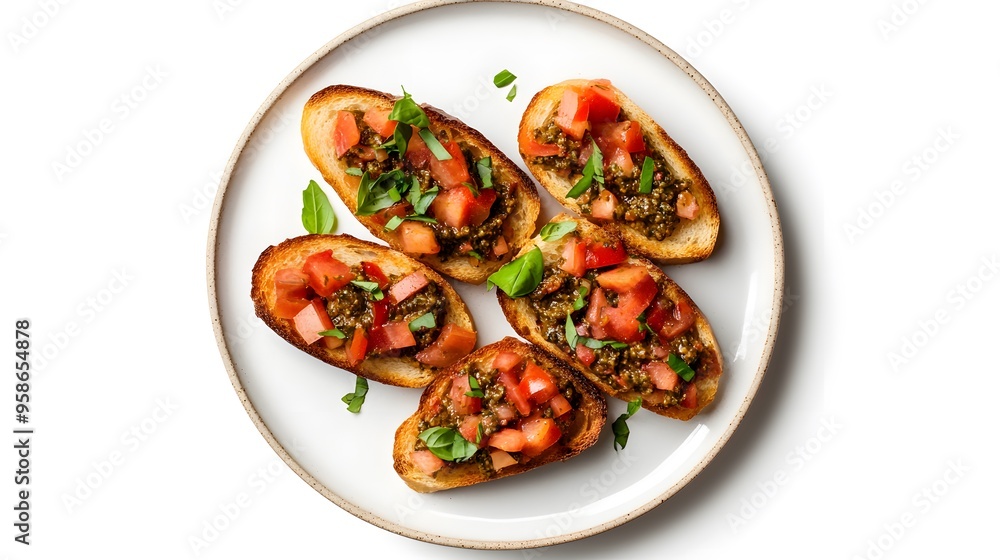 Delicious tomato bruschetta with basil and pesto topping on white plate Delicious tomato bruschetta with basil and pesto topping on white plate