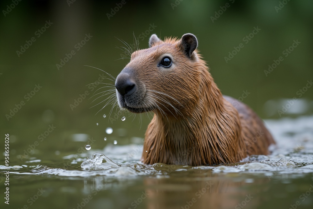Capybara swimming in water with droplets. Wild Life. Capybara swimming in water with droplets. Wild Life.