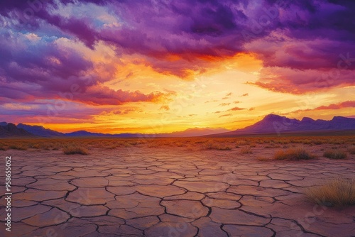 Vibrant sunset over a cracked desert landscape. The sky bursts with colors, creating an enchanting scene. Ideal for nature lovers and travel enthusiasts. Generative AI