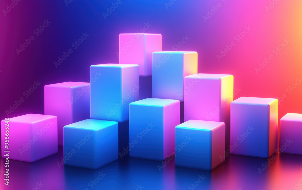 Colorful glowing cubes arranged in a geometric pattern on a reflective surface, illuminated by vibrant neon lights, creating a futuristic and abstract aesthetic. Colorful glowing cubes arranged in a geometric pattern on a reflective surface, illuminated by vibrant neon lights, creating a futuristic and abstract aesthetic.
