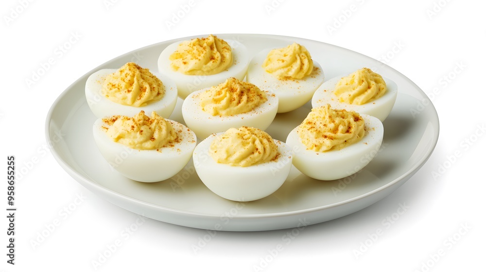 Creamy deviled eggs on white plate with paprika garnish Creamy deviled eggs on white plate with paprika garnish