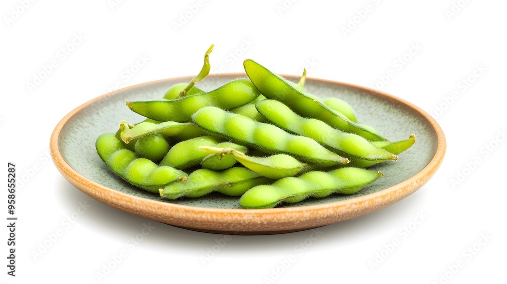 Fresh green edamame beans on a plate isolated on white background Fresh green edamame beans on a plate isolated on white background