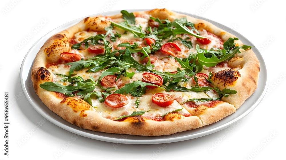 Delicious arugula and cherry tomato pizza on a white plate Delicious arugula and cherry tomato pizza on a white plate