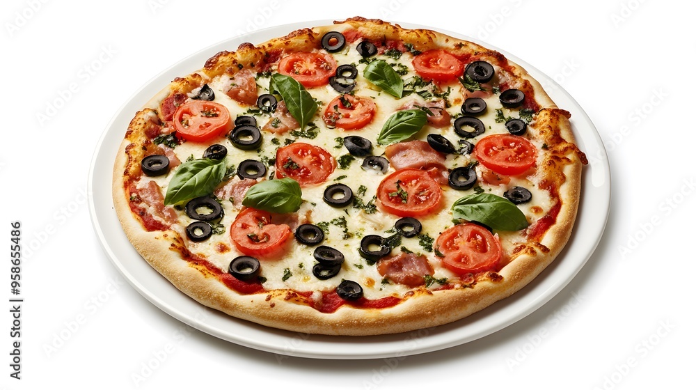 Freshly baked pizza with tomatoes, black olives, and basil on a white plate Freshly baked pizza with tomatoes, black olives, and basil on a white plate