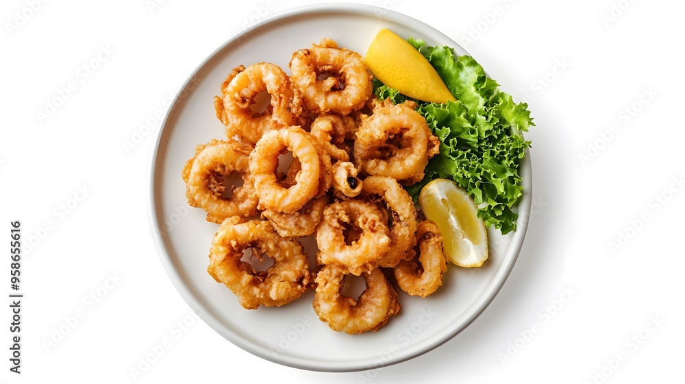 Crispy fried calamari rings with fresh lemon and lettuce garnish Crispy fried calamari rings with fresh lemon and lettuce garnish