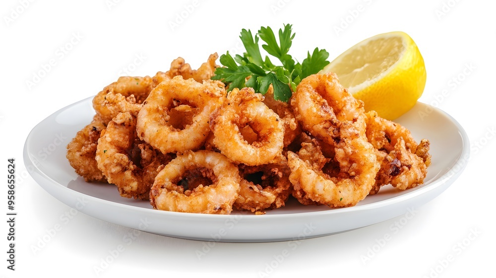 Delicious crispy calamari rings with lemon and parsley garnish on plate Delicious crispy calamari rings with lemon and parsley garnish on plate