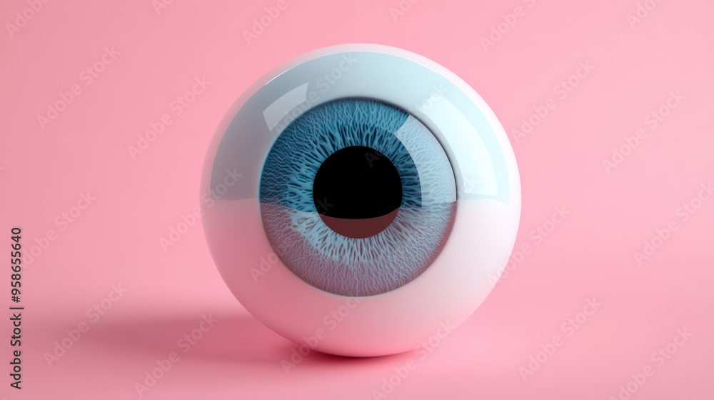 Close-up of a blue eye model on a pink background, providing a detailed look at the iris and pupil structure in a clean and minimalistic setting. Close-up of a blue eye model on a pink background, providing a detailed look at the iris and pupil structure in a clean and minimalistic setting.